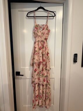 Women's Pink Floral Tiered Maxi Dress with Spaghetti Straps